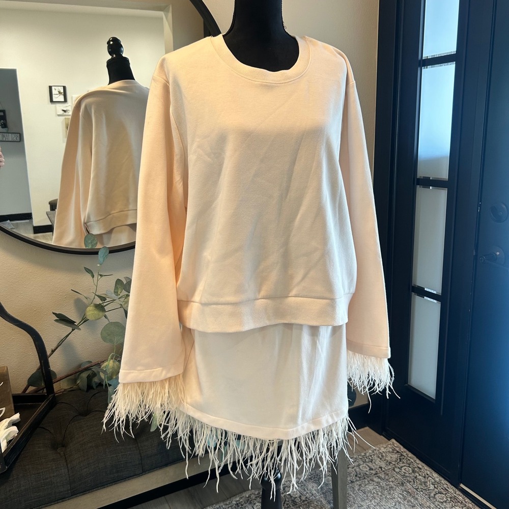 Future Collective Feather Trim Sweatshirt & Skirt Set Cream 2X Top 1X Skirt